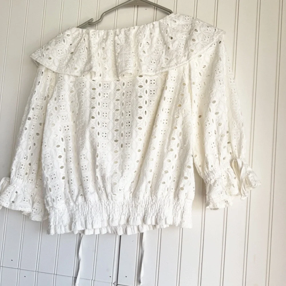 Anthropologie Porridge Size XS White Eyelet Ruffled Puff Sleeve Blouse